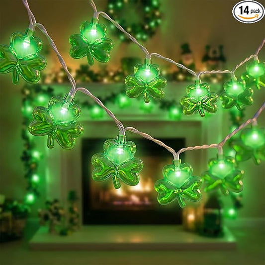 8.5Ft St Patricks Day Lights, 10 LED Clear Green 3D Shamrock Lights Plug in, Connectable St Patrick's Day String Lights Shamrock, St Patricks Day Outdoor Lights for Home Party Decor