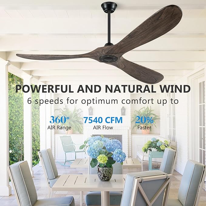 Eliora 60" Ceiling Fans Without Lights, Wood Ceiling Fan no Light with Remote, Large Outdoor Ceiling Fan for Patio, Porch, Bedroom, 6 Speed, Quiet DC Motor, ETL Listed-Deep Brown