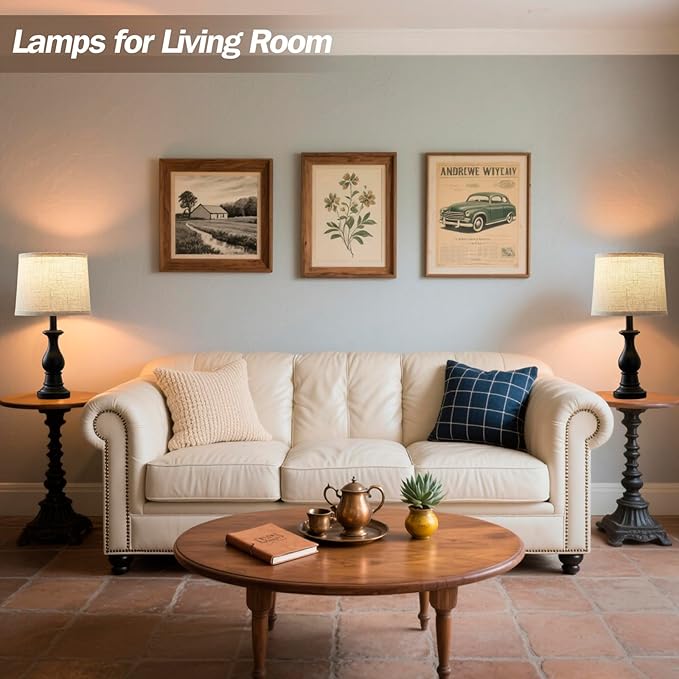 Vintage Table Lamp for Living Room Bedroom, 18.5" Farmhouse Bedside Lamps Nightstand Lamp Set of 2, Table Lamps with Oatmeal Linen Lamp Shades, 2 LED Bulbs Included, Black