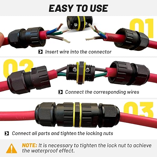 Oyviny 3 Pole Electrical Junction Box IP68 Waterproof, UL Certified M16 Wire Connector for 3.5-10mm Wire Range, Flame Retardant 3 Pin Outdoor Junction Box Connector for Repairing Extension Cord(2PCS)