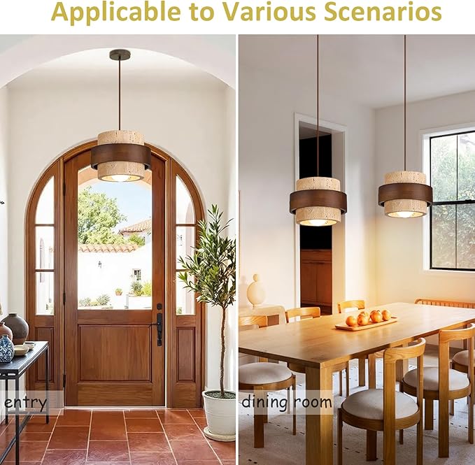 Nordic Pendant Light Wabi-Sabi Lamp, Yellow Travertine Stone Hanging Light Fixture for Dining Room, Kitchen Island, Bedroom Bedside, Bar, Compatible with E26 Bulb Base