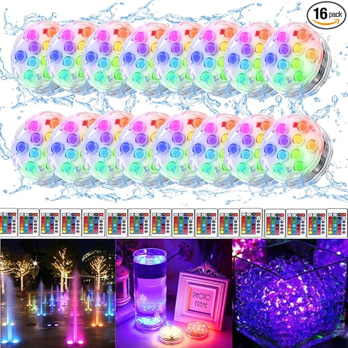 Submersible LED Lights with Remote, 16 Colors Changing Submersible Pool Lights for Above Ground Pools, Waterproof Led Puck Lights Tea Lights, Battery Operated Pond Lights for Vase Aquarium (16)