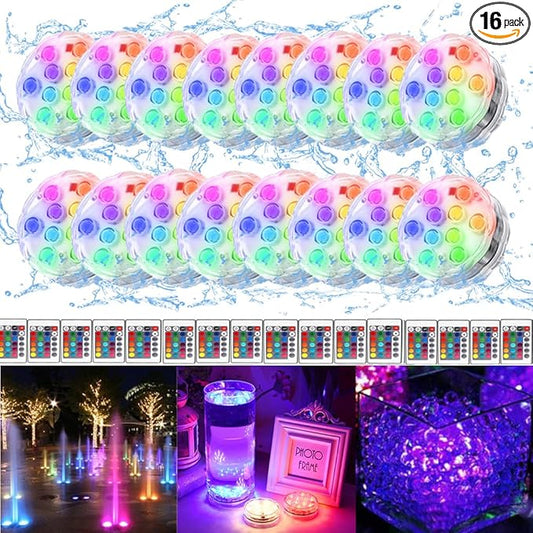 Submersible LED Lights with Remote, 16 Colors Changing Submersible Pool Lights for Above Ground Pools, Waterproof Led Puck Lights Tea Lights, Battery Operated Pond Lights for Vase Aquarium (16)