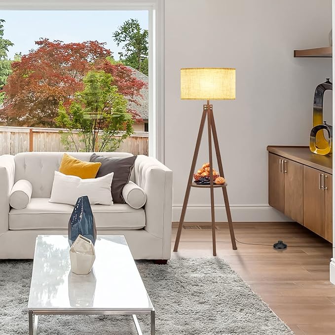 LEPOWER Mid Century Wood Standing Lamp, Modern Design Shelf Floor Lamp for Living Room, Bedroom, Office, Flaxen Shade with E26 Base, Perfect for Reading or Ambient Lighting Dark Brown
