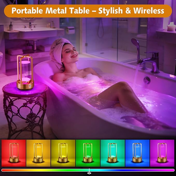 Portable Table Lamp for Outdoor Indoor: Cordless Rechargeable Desk Lamp with 3 Color Stepless Dimmable - Metal Battery Operated Lantern Light for Bedroom/Bar/Coffee Shop/Camping (Gold+RGB)