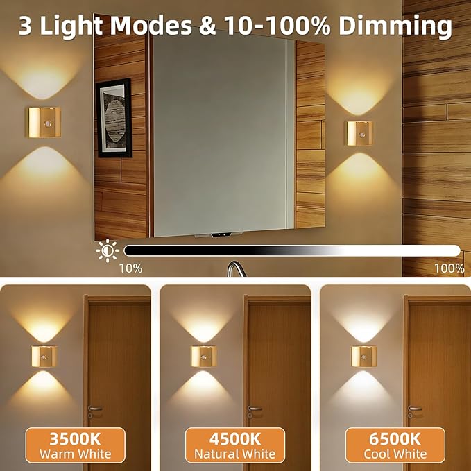 2 Pack Motion Sensor Wall Light, Rechargeable Wall Sconce with 3 Color Temperatures and Brightness Adjustable, Wireless Magnetic Mount for Bedroom, Stair, Hallway, Closet (Gold)