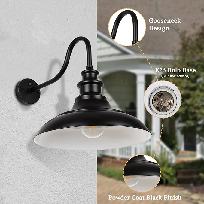 Exterior Farmhouse Gooseneck Barn Light,3PCS Dusk to Dawn Outdoor Lighting, 16 Inch Vintage Outside Garage Lights Fixtures for Patio Frontdoor Entryway Doorway, Matte Black