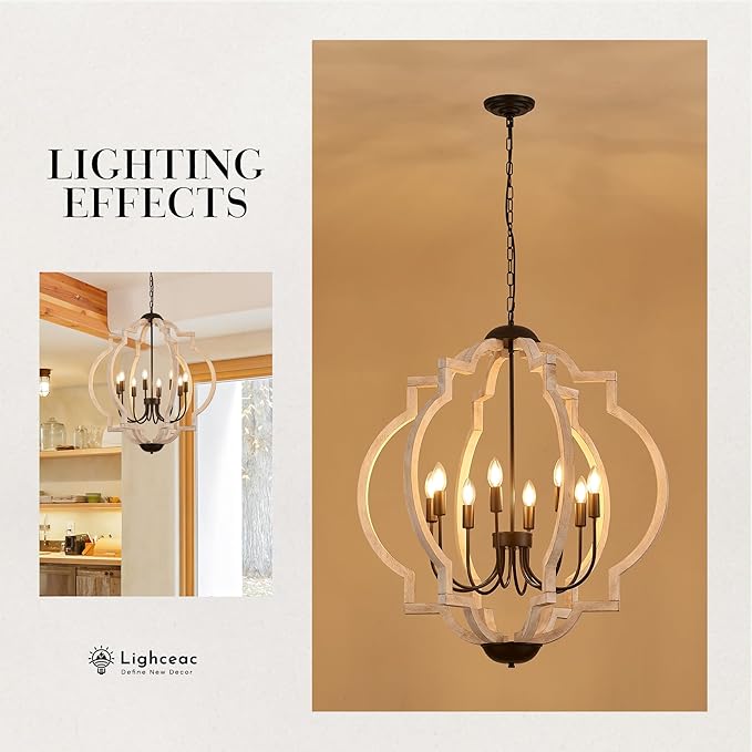 8-Light 30.5" Farmhouse Orb Chandelier Rustic Handmade Distressed White Wood Hanging Ceiling Pendant Light Fixture Wood Lantern Chandeliers for Dining Room Kitchen Bedroom Foyer Hallway