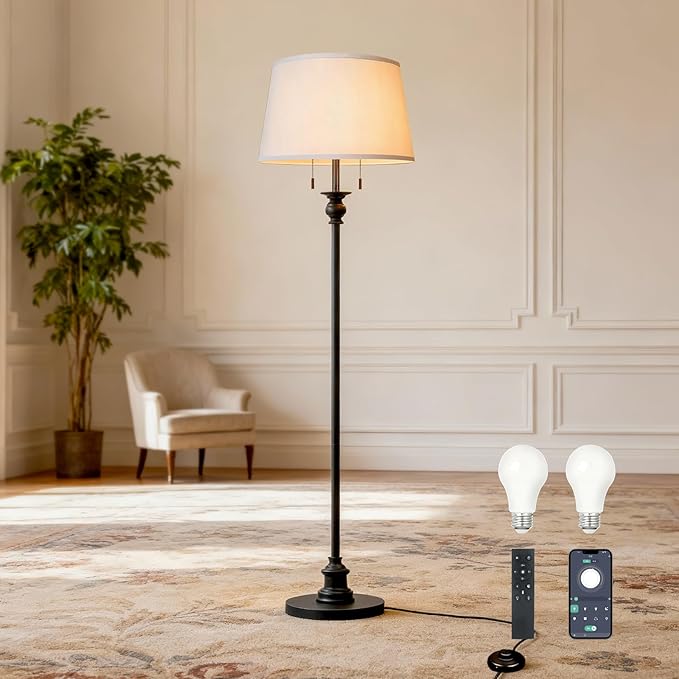 Dimmable Floor Lamp with Remote, Living Room Lamp with APP Control, Black Standing Lamp for Bedroom, 3 Color Temperatures, Stepless Dimming, Farmhouse Floor Lamps for Living Room, 2 Bulbs(included)