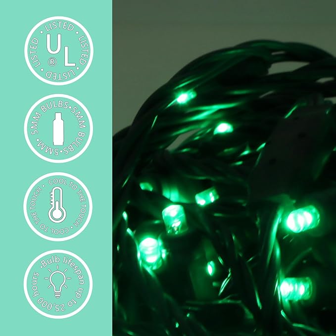 50 LED 5MM Green Christmas Lights, 17FT Indoor/Outdoor String Light, Mini Lights for Garden, Patio, Christmas Trees - Green Wire, Commercial Grade, UL Listed