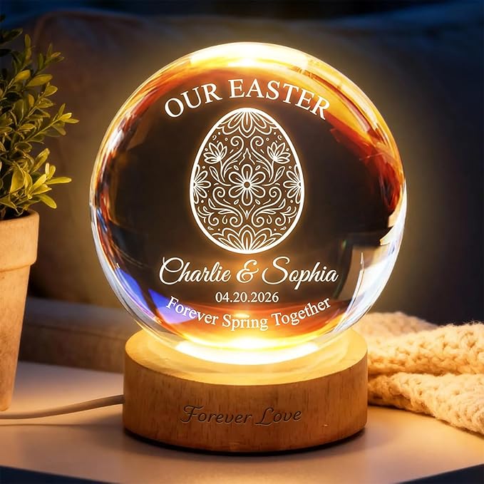 Personalized Easter Egg Crystal Ball LED Night Light, Custom Name Glass Globe Lamp with Date, Engraved Floral Egg Design Spring Keepsake Gift for Couples Family Anniversary