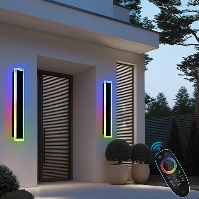 Modern Outdoor Wall Light,2 Pack RGB Led Wall Lights Fixture,32 inch Wall Sconce Lights,Dimmable Long Exterior lighting Fixtures with Control Remote,Outside RGB LED Long Lights for Porch,Patio,Garage