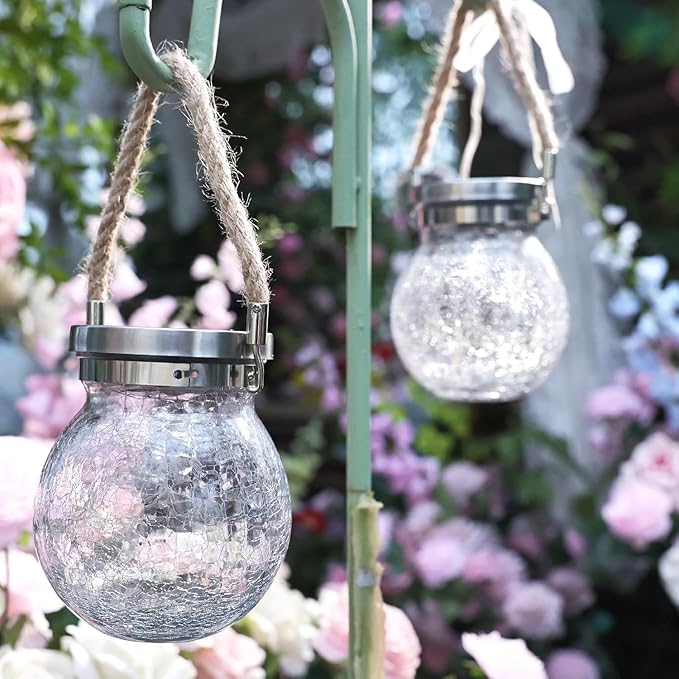 Cooo Christmas Gifts 4 Pack Solar Lanterns Outdoor Waterproof Heavy Crackle Glass 30 LED Warm Firefly Lights Stainless Steel Lid 215% Solar for Women Mom Grandma Outdoor Table Lamps Garden Yard Decor