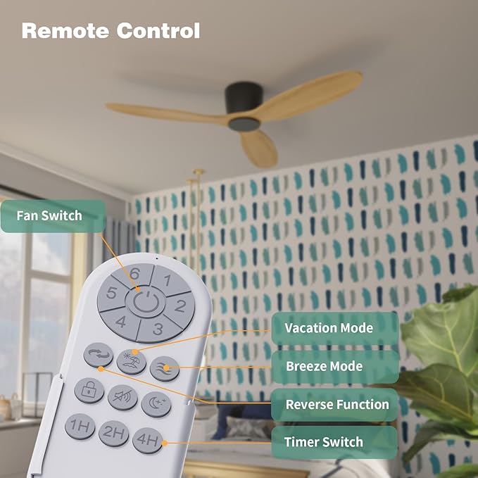 Flush Mount Ceiling Fan no light with Remote, 52 inch Low Profile Wood Ceiling Fan without light for Outdoor, Bedroom, Natural Wood and matte Black, DC Motor, 6 Speed