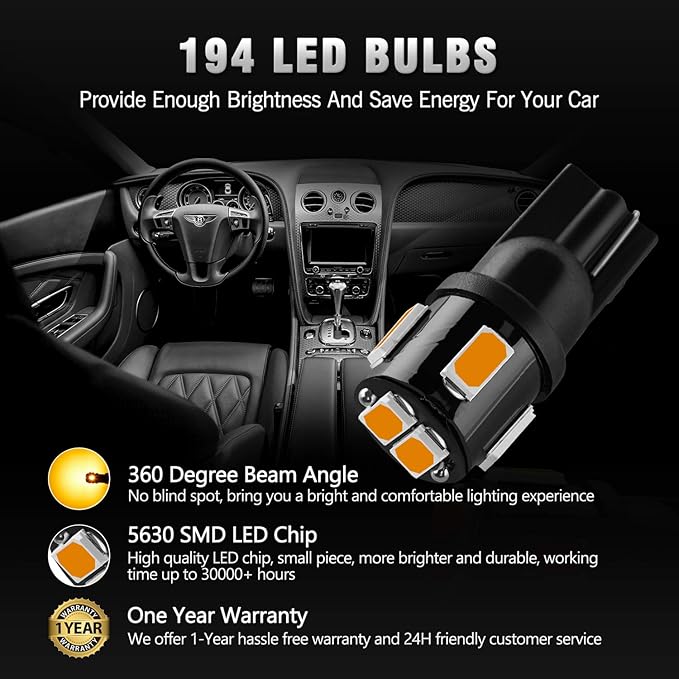 194 LED Bulbs Extremely Bright Amber Yellow 5630 Chipsets 168 2825 175 T10 W5W LED Replacement Bulbs for Car Interior Map Dome Door Courtesy License Plate Lights(Pack of 10)