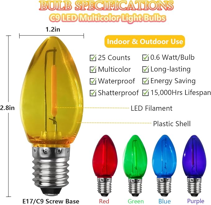 C9 Multicolor Christmas Light Bulbs, 25 Pack C9 LED Christmas Replacement Bulbs, Vintage Christmas Bulbs for Night Light Outdoor Christmas String Lights, E17/C9 Intermediate Base, 0.6 Watt