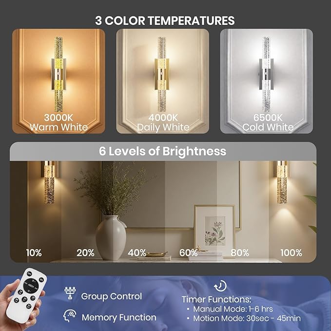Motion Sensor Wall Sconces Battery Operated Set of 2, Rechargeable Wall Sconce, 3CCT Battery Wall Sconce, 12000mAh Dimmable with Remote for Bedroom, Living room, Hallway (15.3 inch - Chrome - 2 Pack)