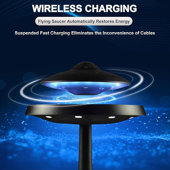 Magnetic Levitation Bluetooth UFO Speaker, Levitating UFO Speakers with Seven Color Night Lamp, Wireless Charging LED Lamp Bluetooth Speaker, 360°Rotating UFO Lamp (Black)