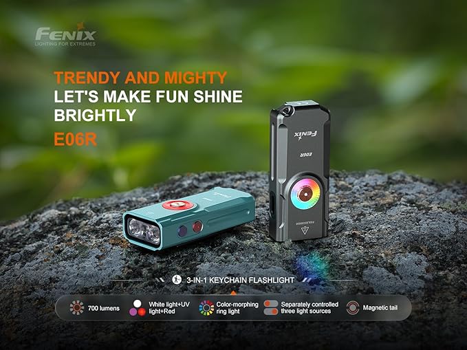 Fenix E06R 700 Lumen 3-in-1 EDC Keychain Flashlight, USB-C Rechargeable, Includes UV Light and Organizer (Green)