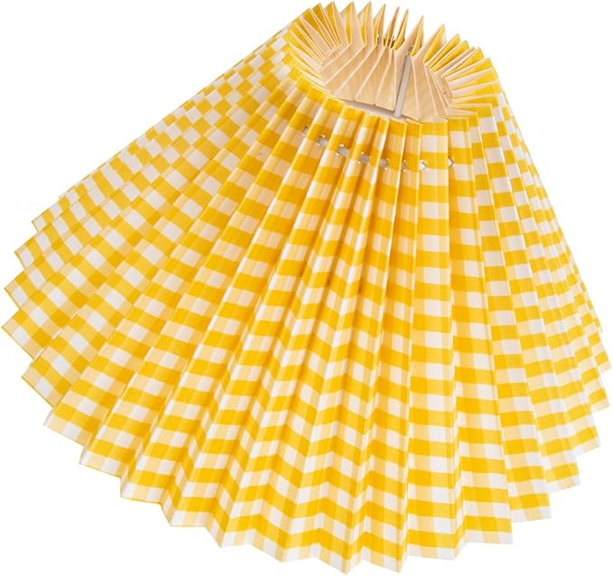 NUOBESTY Vintage Pleated Drum Lamp Shade Cover for Bedroom Table and Floor Lamps Yellow Gingham Cloth Fabric Easy Installation Replacement Lampshade for Home Hotel Study Socket Compatible