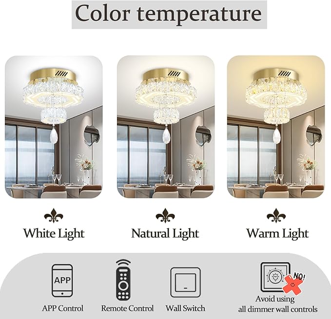 Flashing God Small Crystal Chandeliers Dia 12" Gold Chandelier Flush Mount Ceiling Light for Bedroom Living Room Dining Room Hallway Dimmable 3 Rings LED Celing Lighting Fixtures
