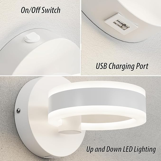 Wall Lamp LED Wall Sconce Rotatable Up-Down Sconces Wall Lighting with Built-in Switch and USB Charging Port 110 Volt AC Hardwired Wall Light (White,2 Pack)