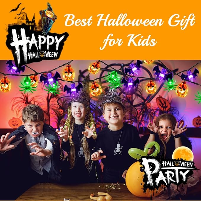 Halloween String Lights Battery Operated, Bat Ghost Spider Pumpkin Lights, Indoor Decorations for Cute Party Decor（3 Elements）