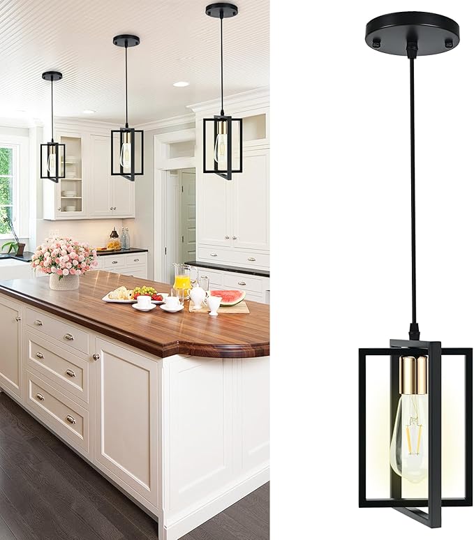 Black Pendant Lights Kitchen Island, Industrial Hanging Light Fixture with Durable Metal Shades, 1 Pack Kitchen Island Lighting for Dining Table, Entryway, Restaurant