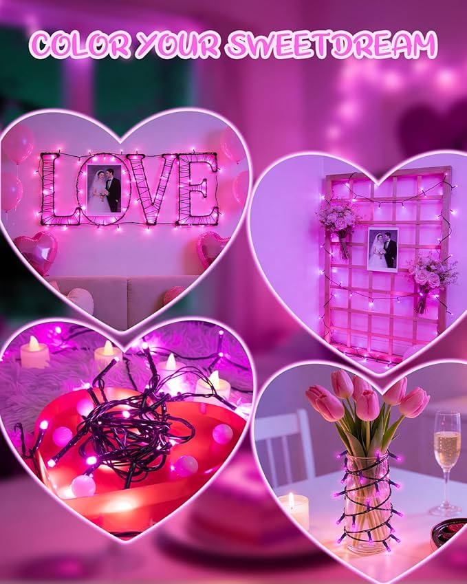 Pink String Lights Battery Operated, Valentine’s Day Lights with Timer Waterproof 9.8ft 30 LED Valentines Decorations for Outdoor Indoor Patio Party Garden Yard Decor 2 Packs
