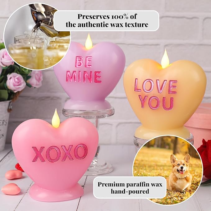 3 Pack Valentine's Day Candles Heart Candle Flameless Candles Flickering Battery Operated LED Heart Shaped Candles with Realistic Warm Flame Effect Romantic Decor for Wedding Anniversary