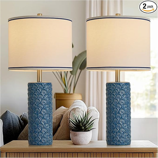 27" Farmhouse Bedside Table Lamp Set of 2, Bule Modern Ceramic Lamps for Living Room, 3 Color Temperature Rustic Table Lamps for Bedroom, Night Stands, Dorm,Office, Home Décor (Bulb Included)