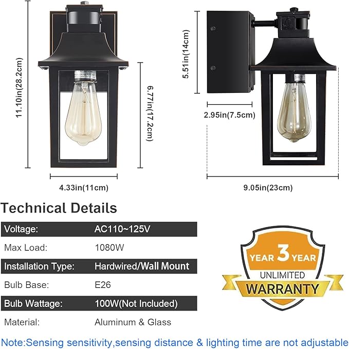 Porch Light with GFCI Outlet Dusk to Dawn Motion Sensor Outdoor Light 3 Light Modes Exterior Light Fixture Waterproof Outside Wall Light for House Patio Garage