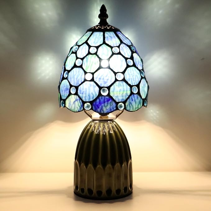 Tiffany Lamp Stained Glass Mushroom Table Lamps 6X6X12.5 Inch Blue Ripple Pearl Style Small Night Light Ceramic Base Mini Accent Desk Light Suitable for Bedside Table Bedroom Children Room