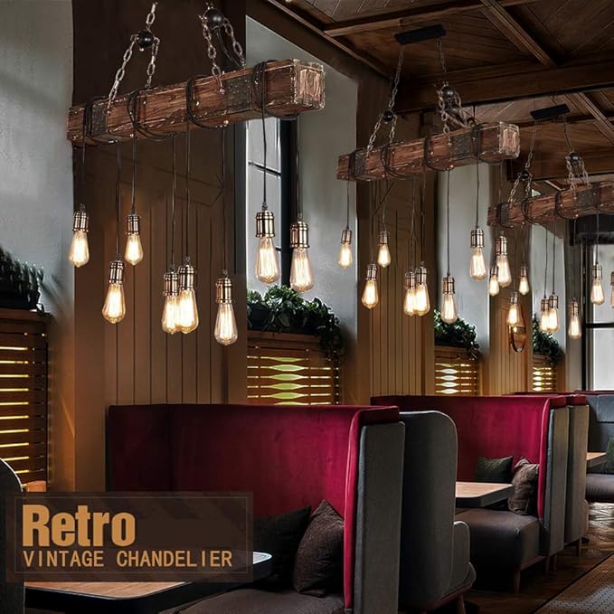 Rustic Chandeliers for Dining Room Height Adjustable Pendant Lighting 8-Light Industrial Farmhouse Chandelier 37.4" Retro Wood Island Lights for Kitchen & Pool Table