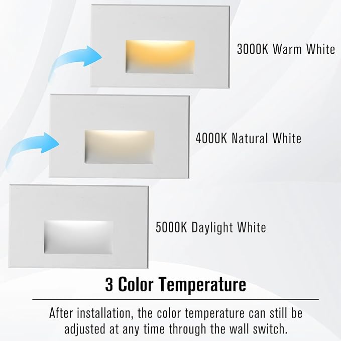 LED Step Light Outdoor Indoor Stair Lights 12V Low Voltage 3000K/4000K/5000K 3 Color Adjustable 4W, 150LM IP66 Waterproofx Horizontal White 12V Low Voltage Lights for Steps, 3-Pack