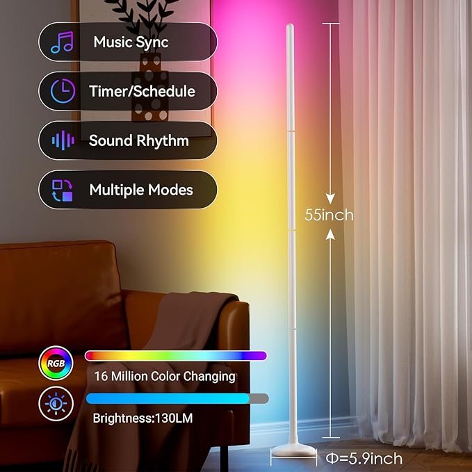 TJOY 2 Pack Smart Floor Lamps for Ambient Lighting, Crystal Joint Design, Modern LED Corner Light with Remote&APP Control, Music Sync, Color Changing Standing Lamp for Room(White,Plastic Material)