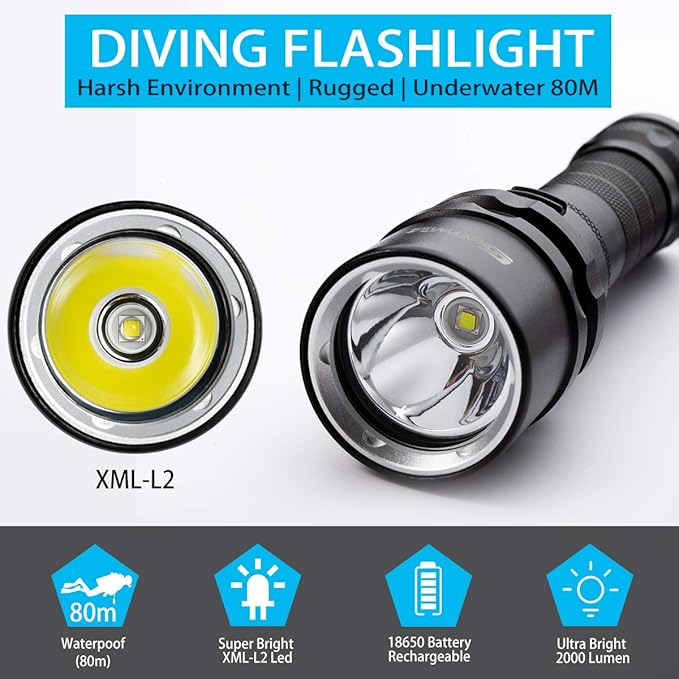 Scuba Diving Flashlight Dive Torch 2000 Lumen Waterproof Underwater XM-L2 LED Submarine Lights Holder with Charger for Under Water Deep Sea Cave at Night