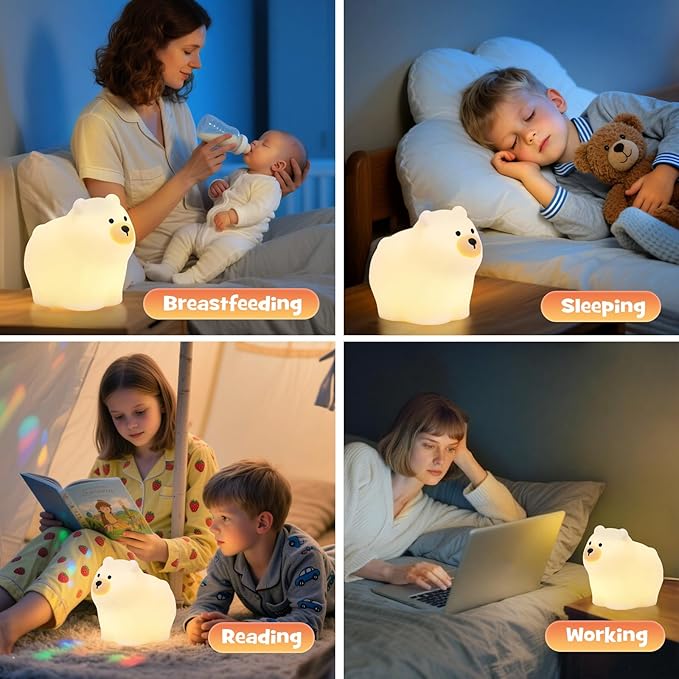 Squishy Polar Bear Night Light with RGB Mode Cute Polar Bear Light 3 Brightness Adjustable Nursery Breastfeeding Nightlight Rechargeable Silicone Touch Bedside Animal Lamp for Bedroom Dorm Decor