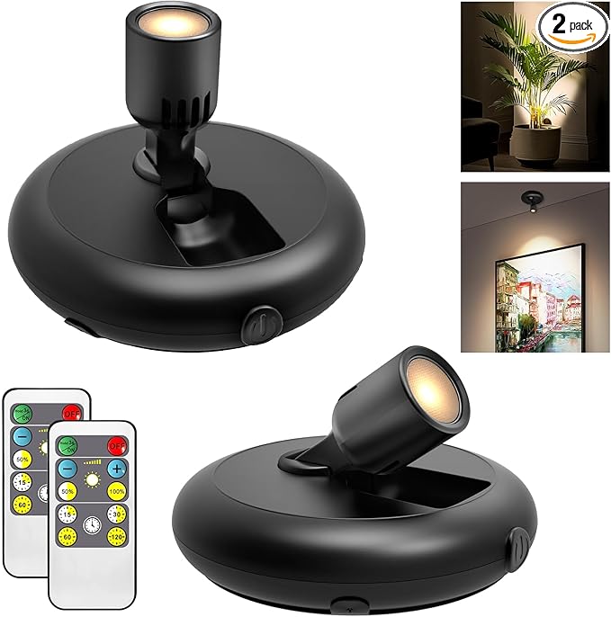 Wireless Led Spot light Battery Operated with Remote ,Up Light for Plants ,Down Light for Picture on Wall, Dimmable Timer Mini Accent SpotLight Painting Light for Trees Frame Dartboard Gallery Cabinet