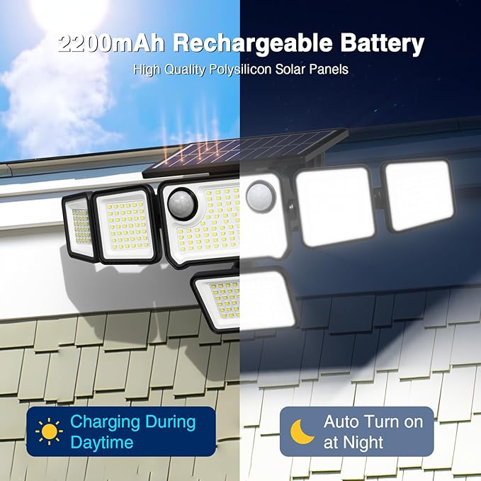 6000LM Solar Lights Outdoor Waterproof, 6 Heads Solar Flood Lights Outdoor with 2 Motion Sensor, 310 LED Motion Light with Remote Control for Yard Outside House Patio 1 Pack