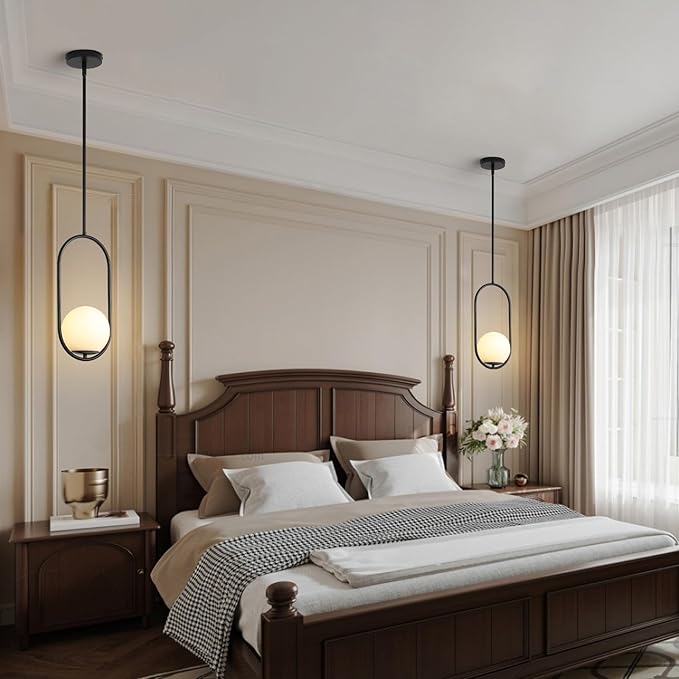 Yunnix 1-Light Modern Black Globe Pendant Lights Kitchen Island | Milk Glass Hanging Lamp for Kitchen Island, Dining Room, Bedroom, Living Room (Bulb Not Included)