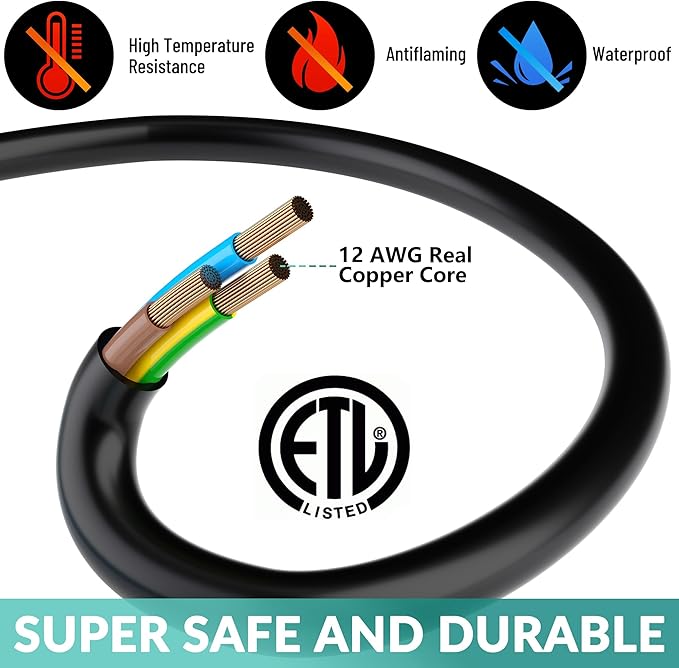 Outdoor Extension Cord 20 Ft with 3 Outlets, 12/3 SJTW 3 Prong Grounded Power Cord, 12 Gauge 12AWG Heavy Duty Power Cable, ETL Listed, 15 Amp 125 V 1875 W-Multiple Outlets for Indoor/Outdoor-Black