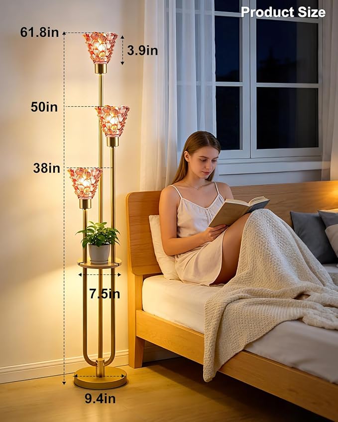 Glass Floor Lamp with Table, 62'' Gold Standing Tall Lamps with Rose Red Glass Shade, 3000K Warmwhite Mid Century Modern Floor Lamp for Living Room/Bedroom/Sofa Beside/Home Corner
