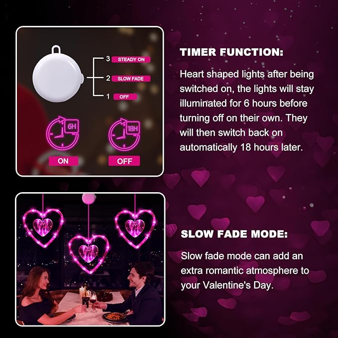 3 Pack Valentines Day Window Lights Decorations with Timer, Battery Powered Hanging Pink Lighted Heart Shaped Sucker LED Lamp for Indoor Home Decor