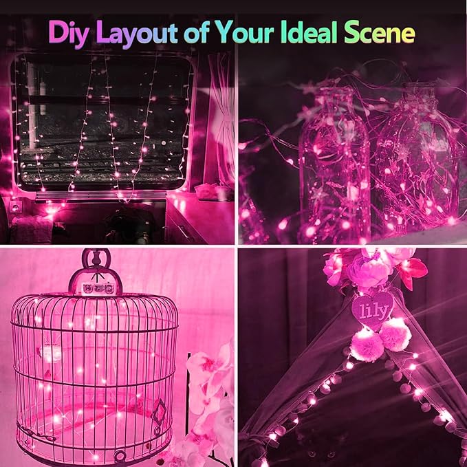 4 Pack 60 LED Pink Fairy Lights Battery Operated with Timer, 20FT Waterproof Twinkle Light Indoor Outdoor, Valentiens Lights for Valentine's Day Bedroom Wedding Birthday Christmas Decorations(Pink)