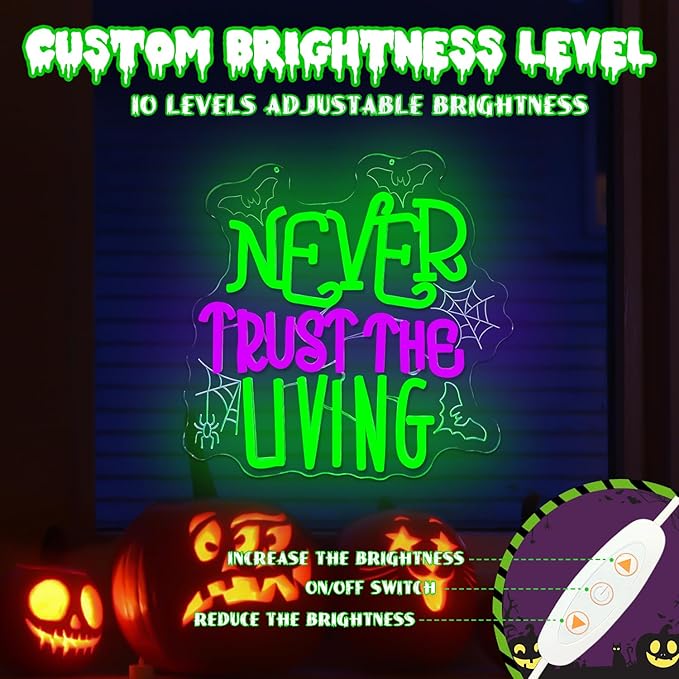 Ajoyferris Never Trust The Living Neon Sign Halloween Neon Signs for Wall Decor Dimmable Tombstone Led Sign Gothic Haunted House Neon Lights for Windows Halloween Party Decor