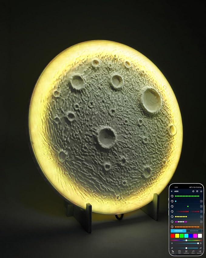 3D Moon Lamp – 3D Printed PLA Floating Moon, APP & Manual Control, RGB Music-Sync, Desktop & Wall-Mountable Night Light for Home, Kids, Party (Moon 11.6inches)
