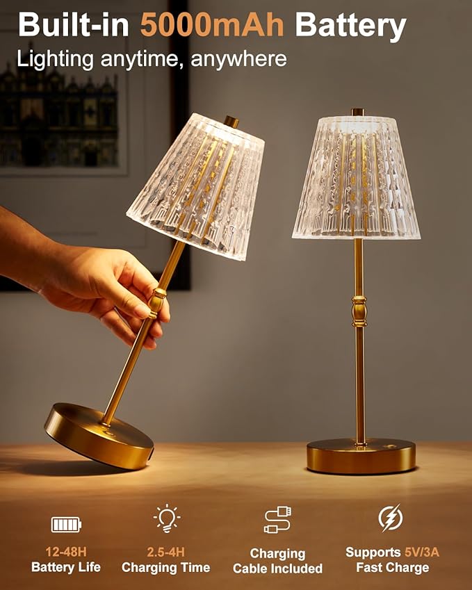 Cordless Table Lamp, 5000mAh Rechargeable Battery Operated Portable Lamp, Dimmable+3 Colors LED Touch Control, Vintage Crystal Lamp for Bedroom, Kitchen, Bar, Office