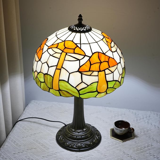 uniquel Vintage Orange mushroom Tiffany lamps Retro Style Stained Glass Table Lamp Cute Aesthetic Bedside Lamp for Bedroom nightstand Night Stand Lighting reading cottage decor desk lamp 12 inch E26