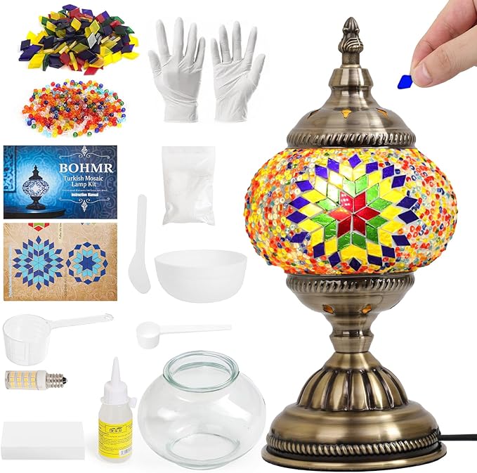 DIY Turkish Mosaic Lamp Kit, Stained Glass Table Lamp Making Kit- Easy and Fun, No Experience Needed, Mosaic Art & Craft Project Kits for Adults & Teens, Make Your Own Table Lamp, Multicolor